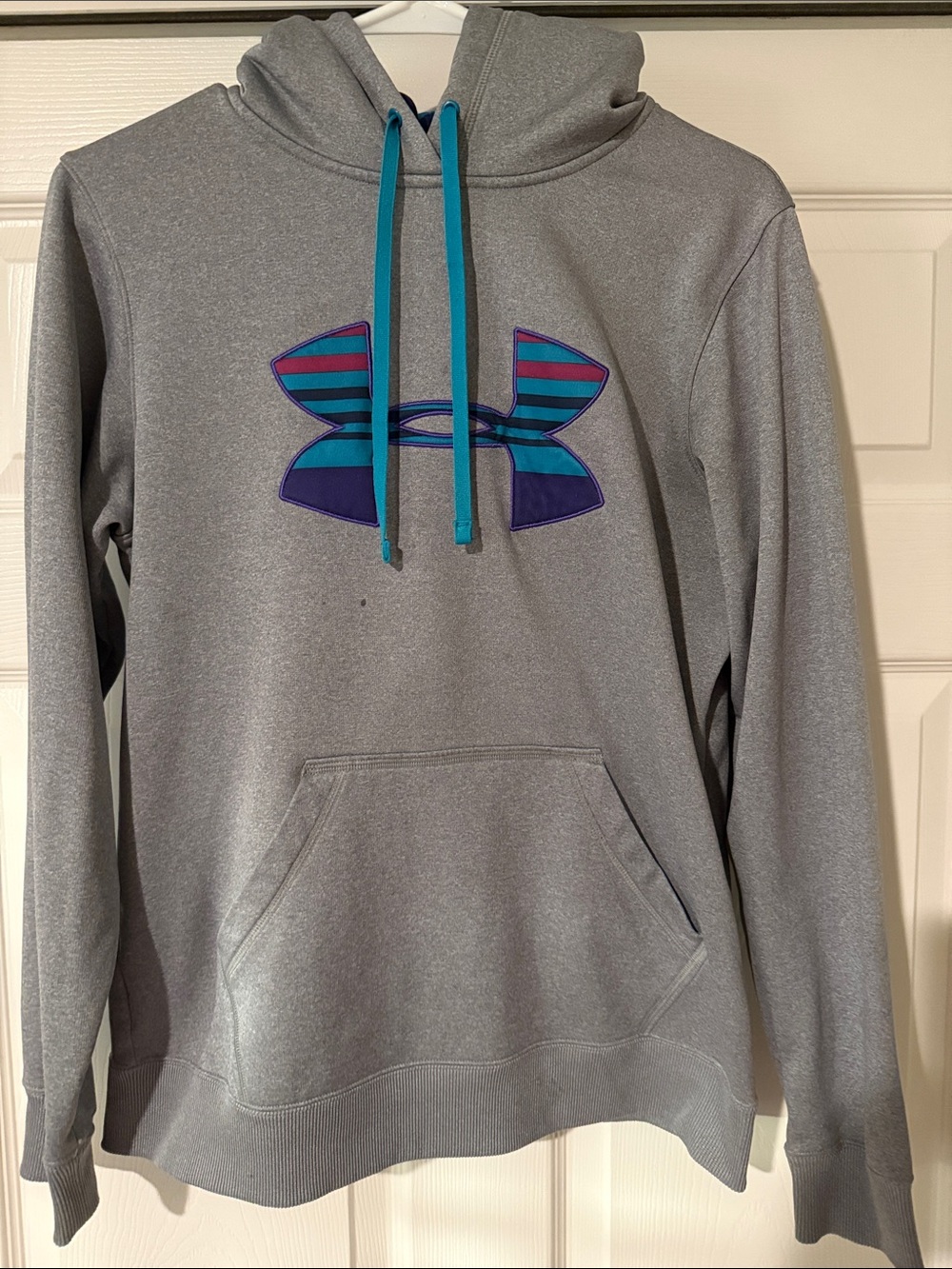 Under Armour Gray Hoodie with Teal Drawstrings & Purple/Teal Logo
